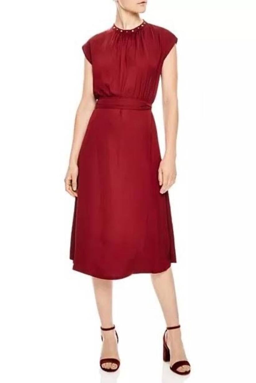 Sandro Conique Merlot Red Embellished Midi Dress Size 36 US 4 Pearl Jewel Tone